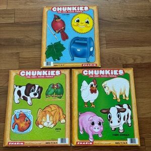 Vintage 1984 Sharin Chunkies Wooden Puzzles Lot of 3 (Colors, Pets, Farm Animals